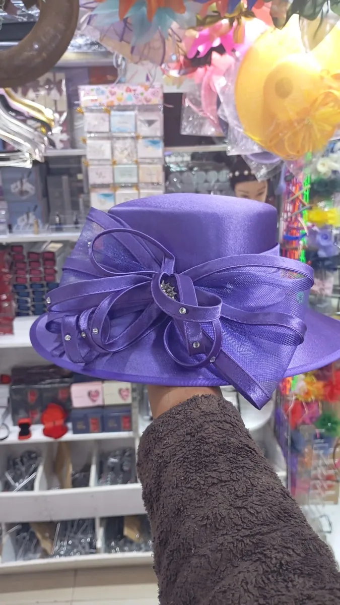 Purple Satin Wide-Brim Dress Hat with Bow and Rhinestones - Image 3