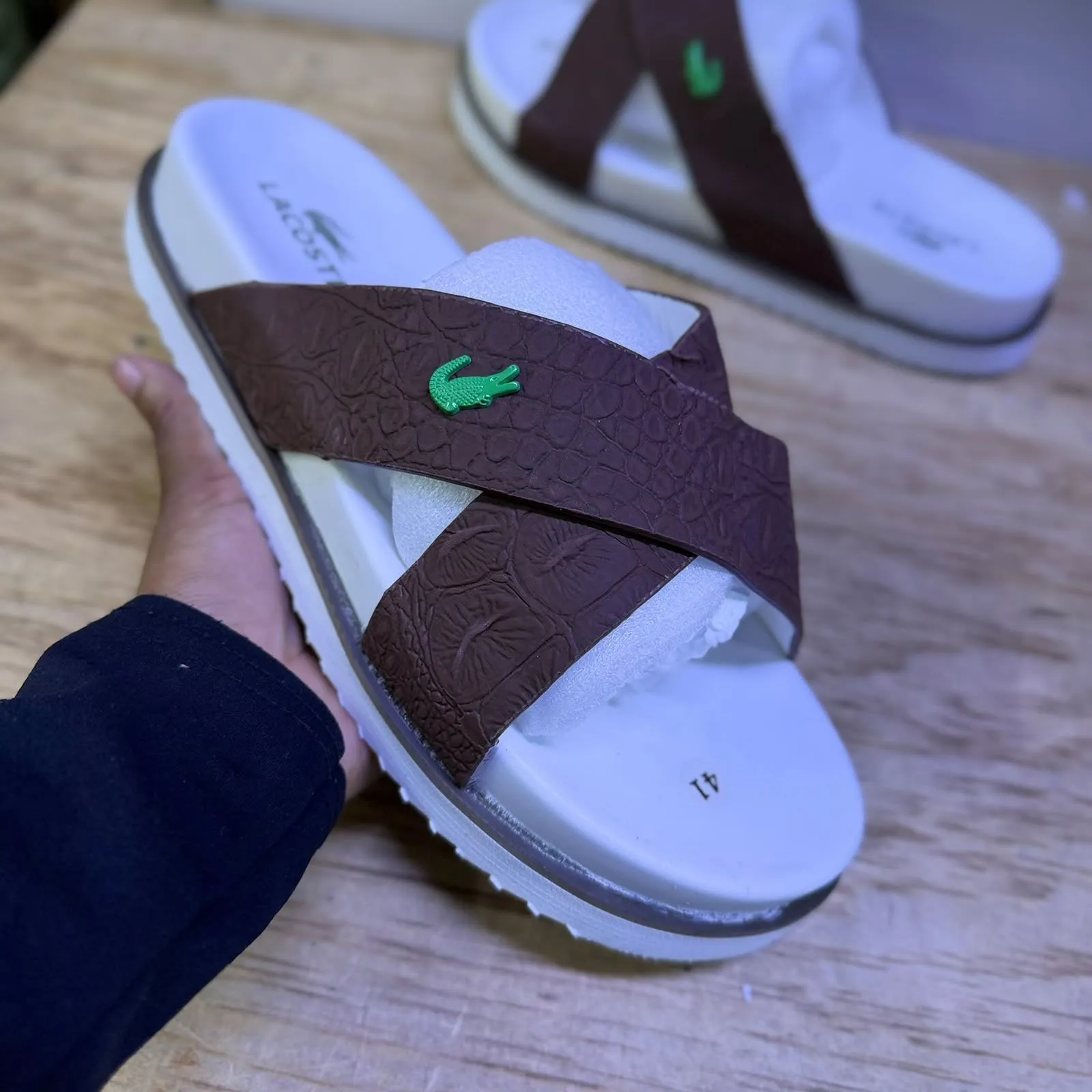 Lacoste Brown Cross-Strap Slide Sandals