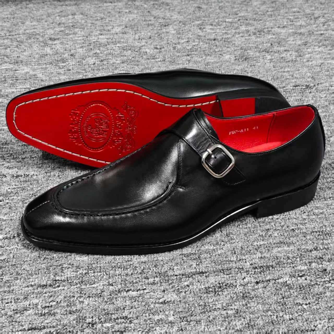 Black Leather Single Monk Strap Dress Shoes