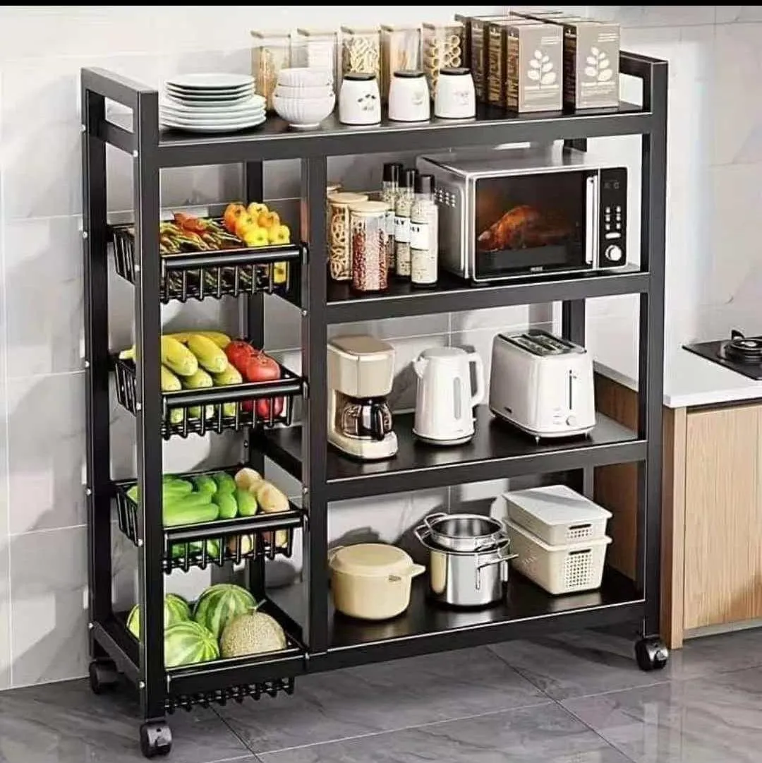Black Metal Rolling Kitchen Storage Cart with Side Baskets - Image 2