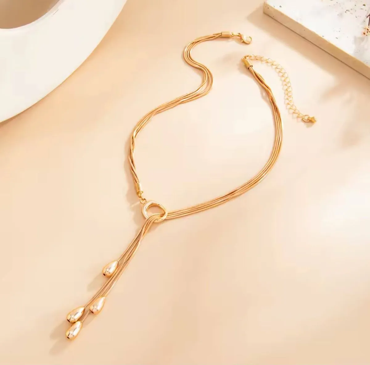 Gold-Tone Lariat Necklace with Teardrop Pendants - Image 5