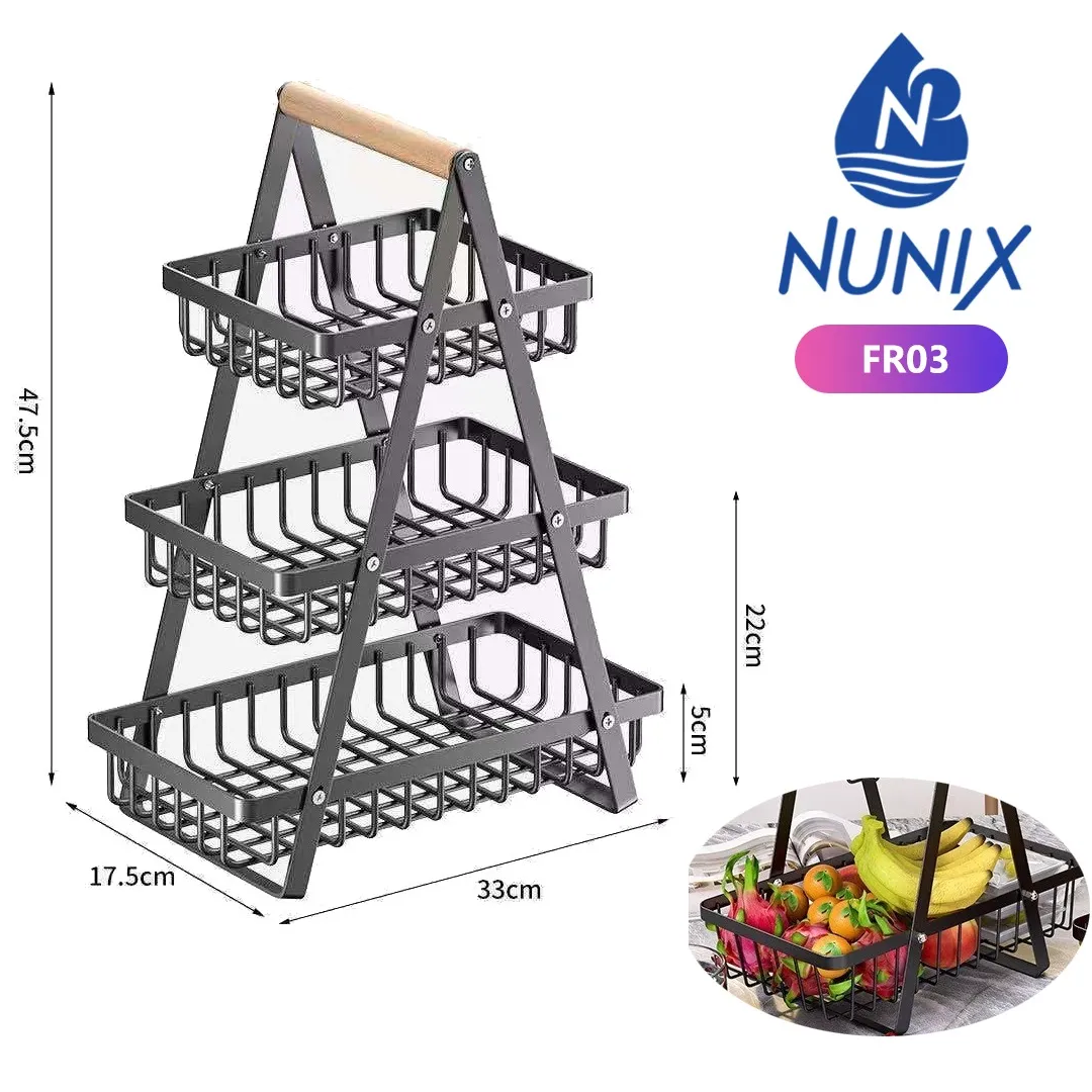 NUNIX FR03 3-Tier Metal Wire Fruit Basket Stand with Wooden Handle