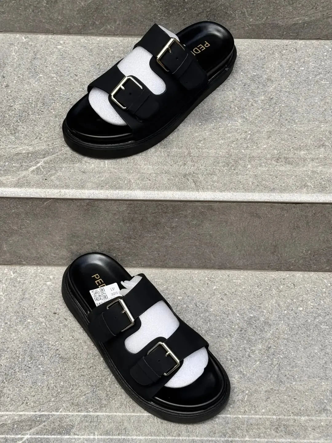 Black Double-Strap Buckle Slide Sandals