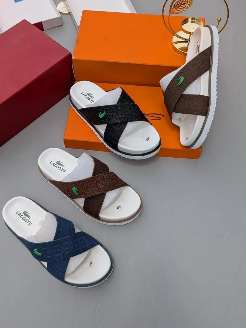 Lacoste Brown Cross-Strap Slide Sandals - Image 3