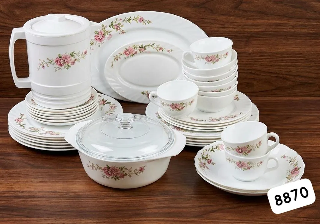 White Floral Ceramic Dinner Set with Serving Jug and Casserole - Image 2