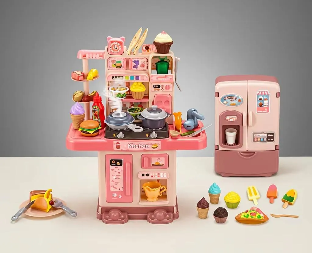 Pink Toy Kitchen Playset with Refrigerator and Play Food