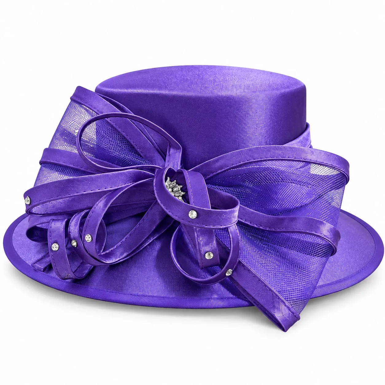 Purple Satin Wide-Brim Dress Hat with Bow and Rhinestones