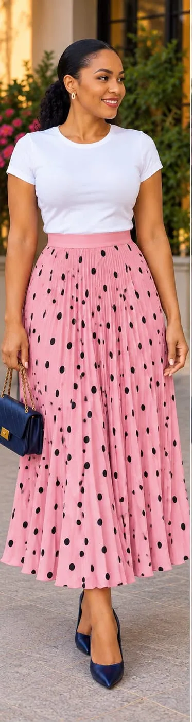 Red Polka Dot Pleated Midi Skirt