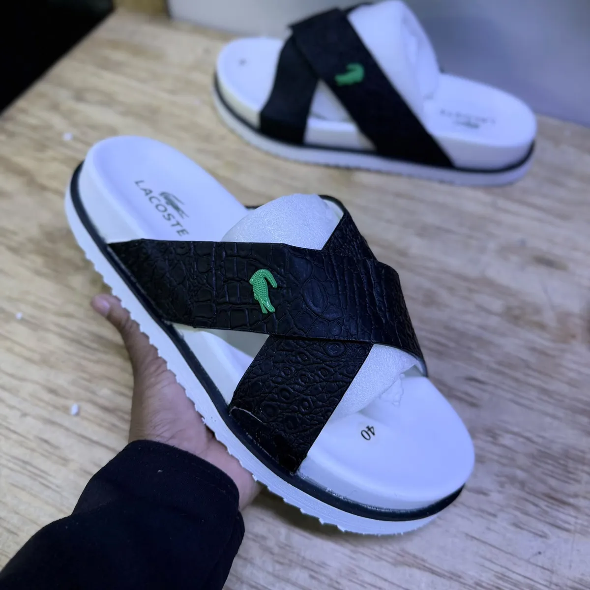 Lacoste Brown Cross-Strap Slide Sandals - Image 4
