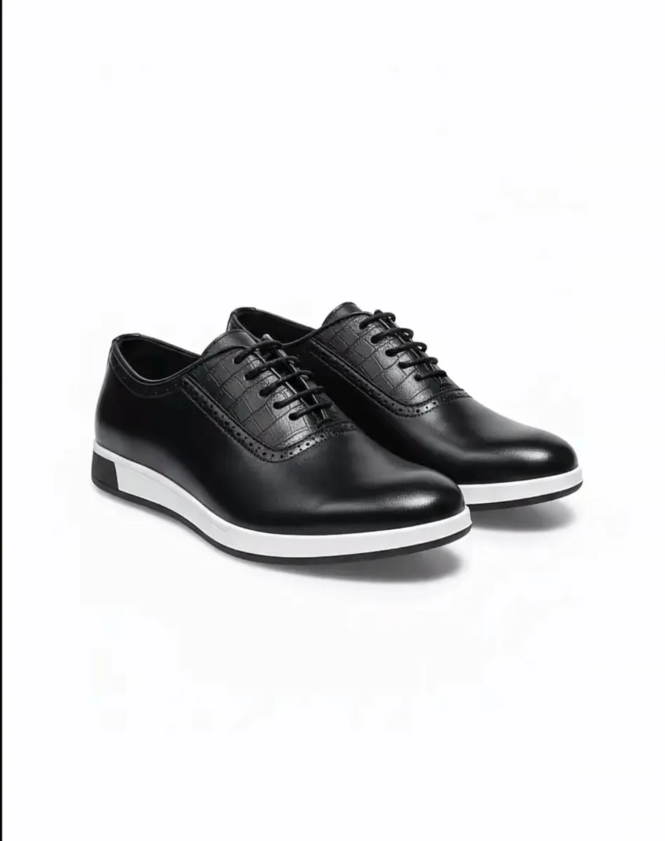 Black Lace-Up Leather Shoes with White Sole - Image 2