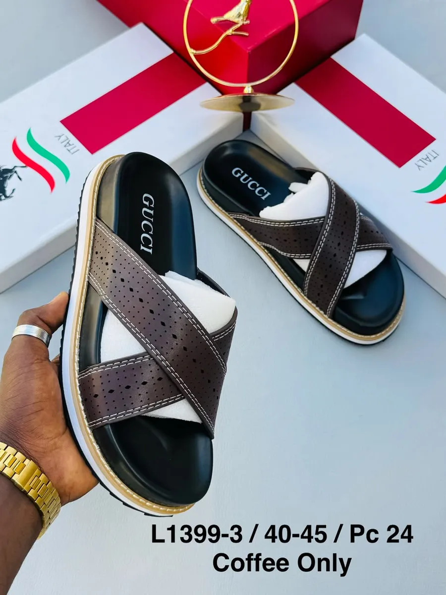 Gucci Brown Perforated Cross-Strap Slide Sandals - Image 2