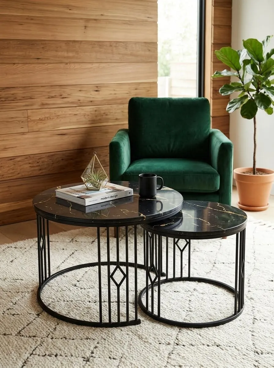 Black Marble-Effect Round Nesting Coffee Tables, Set of 2 - Image 2