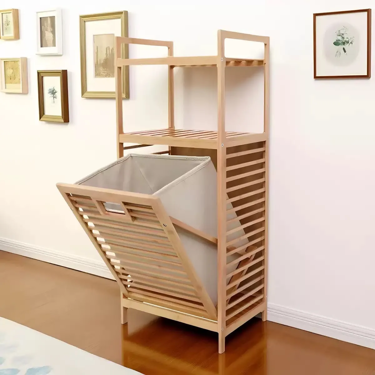Bamboo Tilt-Out Laundry Hamper with Storage Shelves