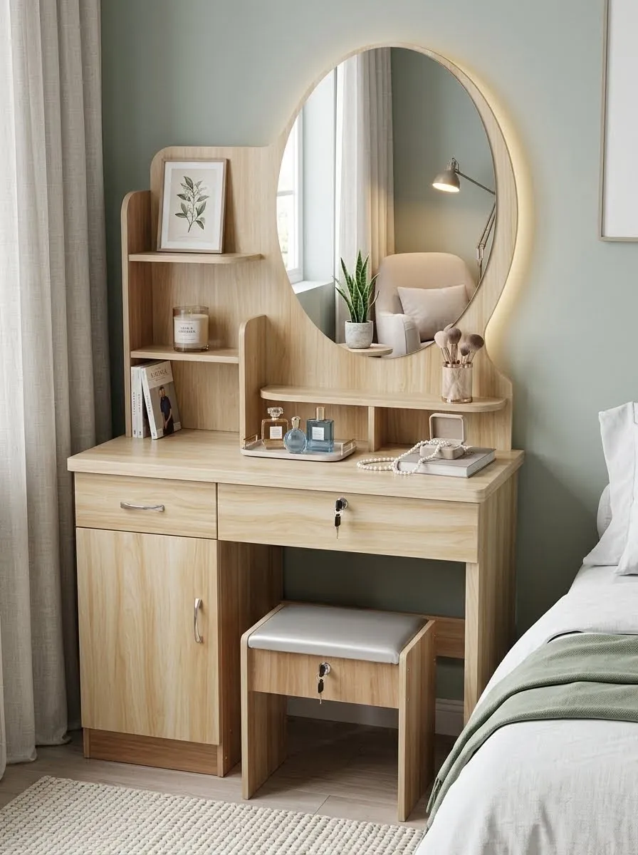 Wooden Dressing Table with Oval Mirror and Stool