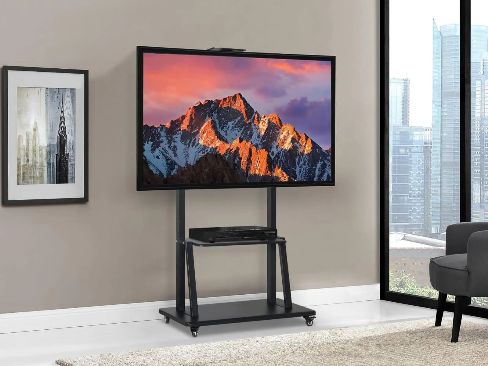 Black Mobile TV Trolley Stand with Wheels and Shelves