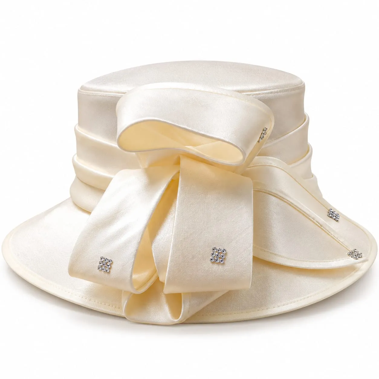 Main image of Ivory Satin Bow Dress Hat with Rhinestone Accents