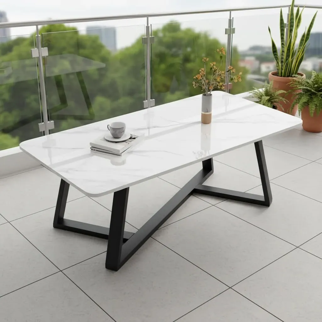 Pure Marble Top Coffee Table with White Surface and Black Metal Frame - Image 3