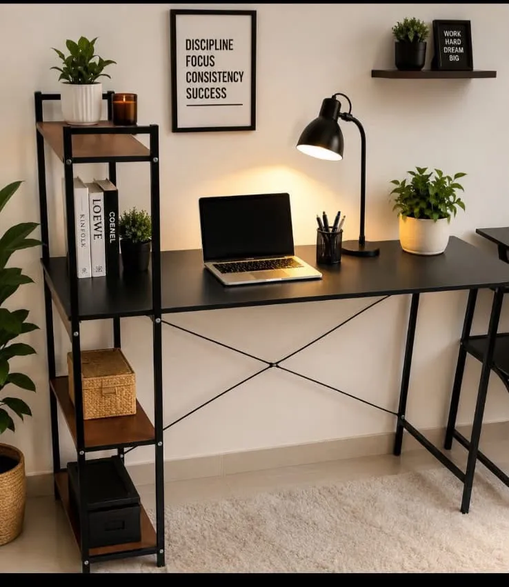 Main image of Black Computer Desk with Side Storage Shelves