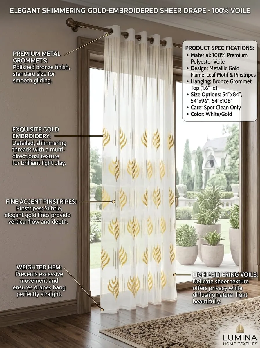 Main image of Lumina Gold Embroidered Sheer Curtain Panel