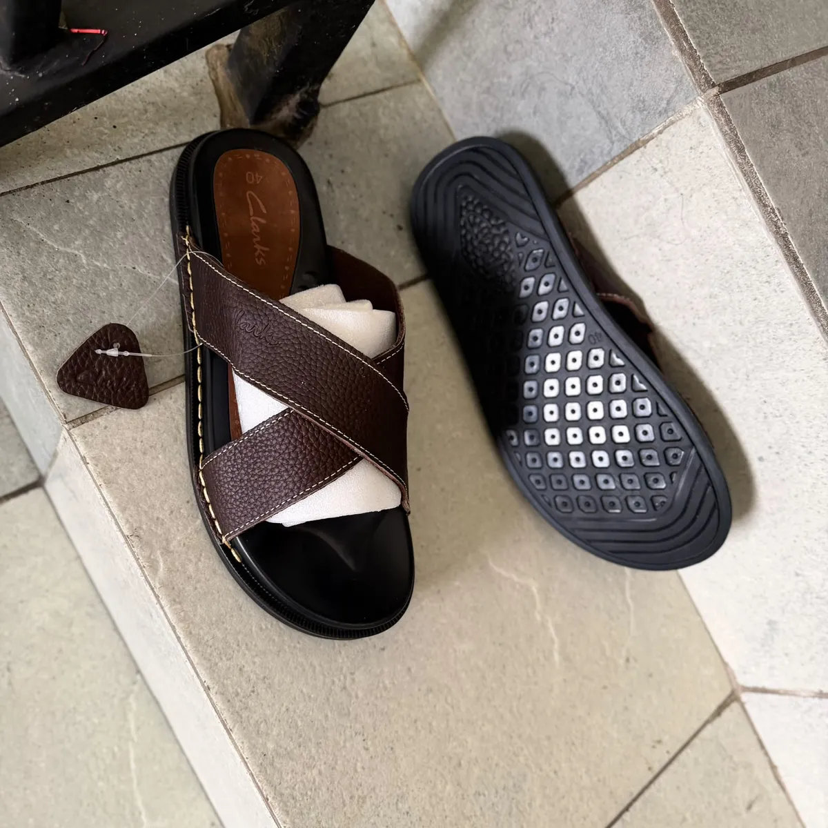 Clarks Brown Crisscross Leather Slide Sandals - Image 5