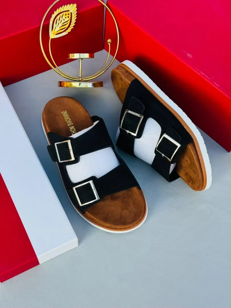 Black Double-Buckle Slide Sandals - Image 3