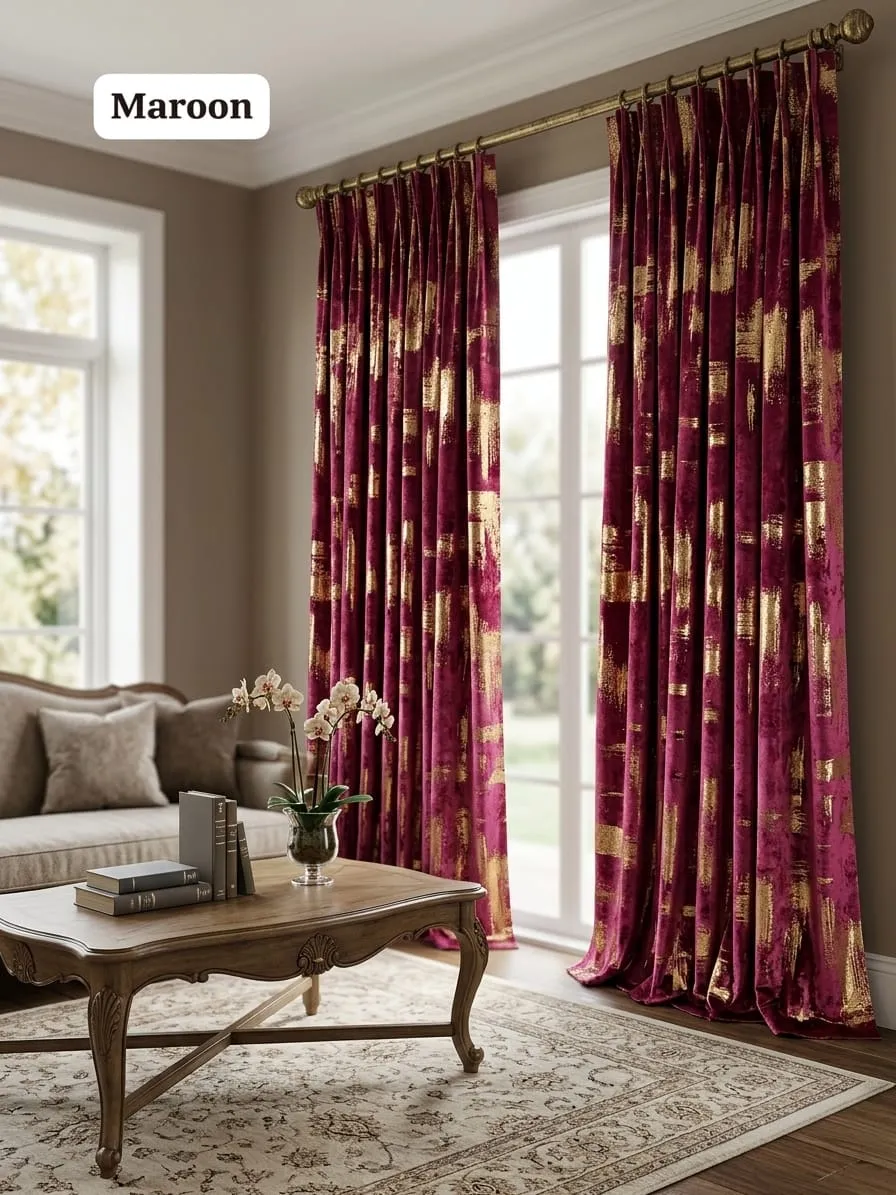 Maroon Gold Patterned Window Curtains, 2 Panels - Image 2