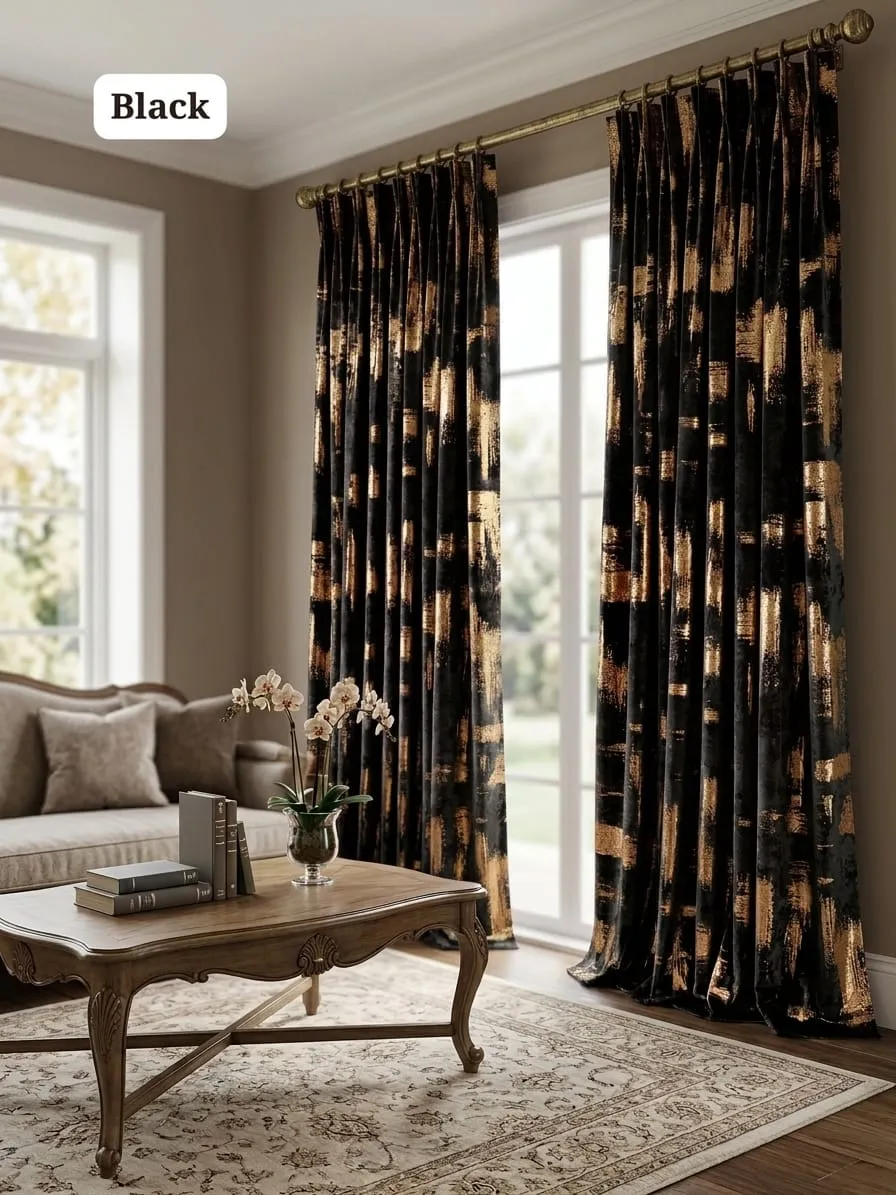 Black and Gold Brushstroke Pattern Pleated Curtains