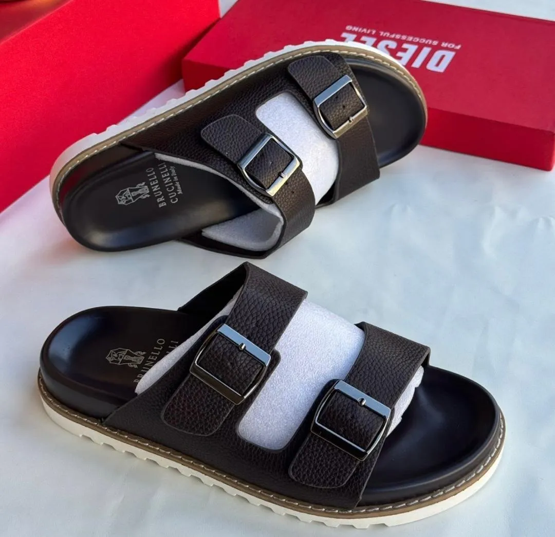 Brunello Cucinelli Dark Brown Leather Double-Strap Slide Sandals