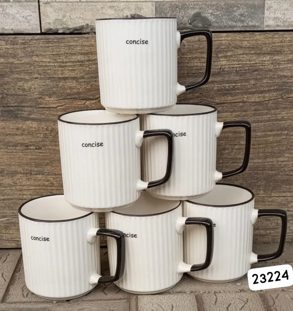 Concise White Ribbed Ceramic Mug with Black Handle - Image 2