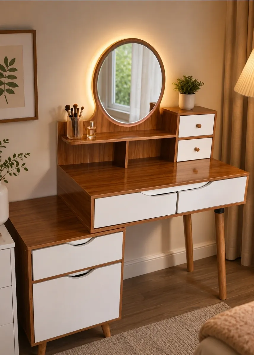 Wooden Vanity Dressing Table with Round Illuminated Mirror - Image 2